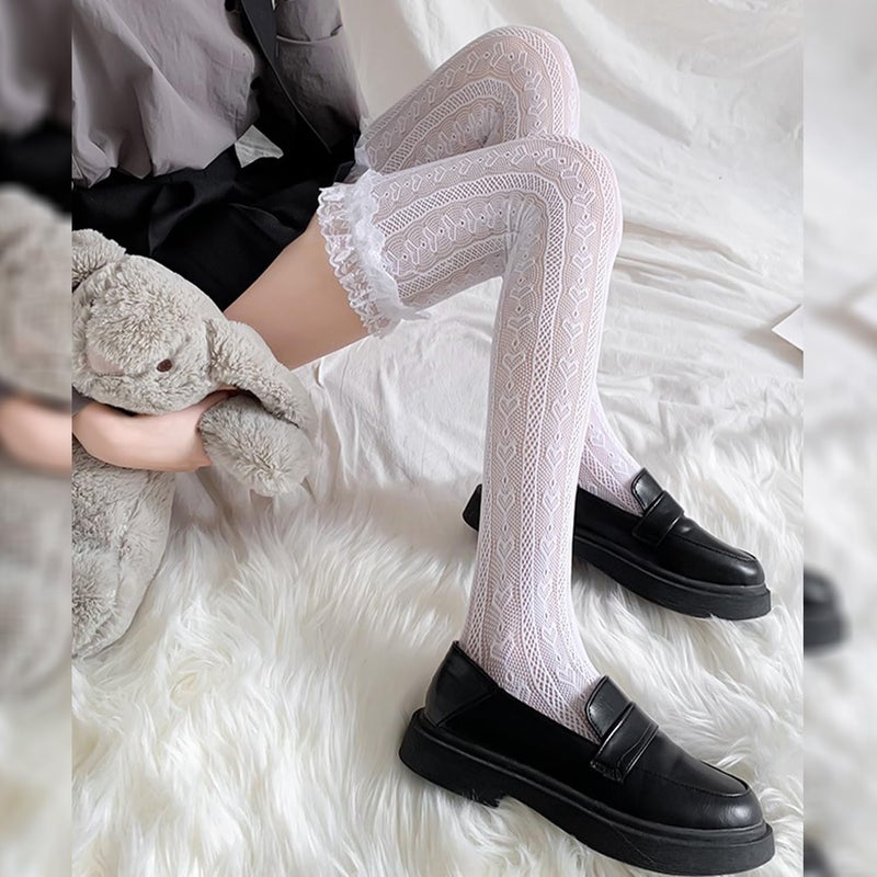 Ninejuize Thigh High Stockings with Bow, Santa Accessory Y2K Fishnet Socks with Lace Brim Lingerie Tights for Women - Image 2